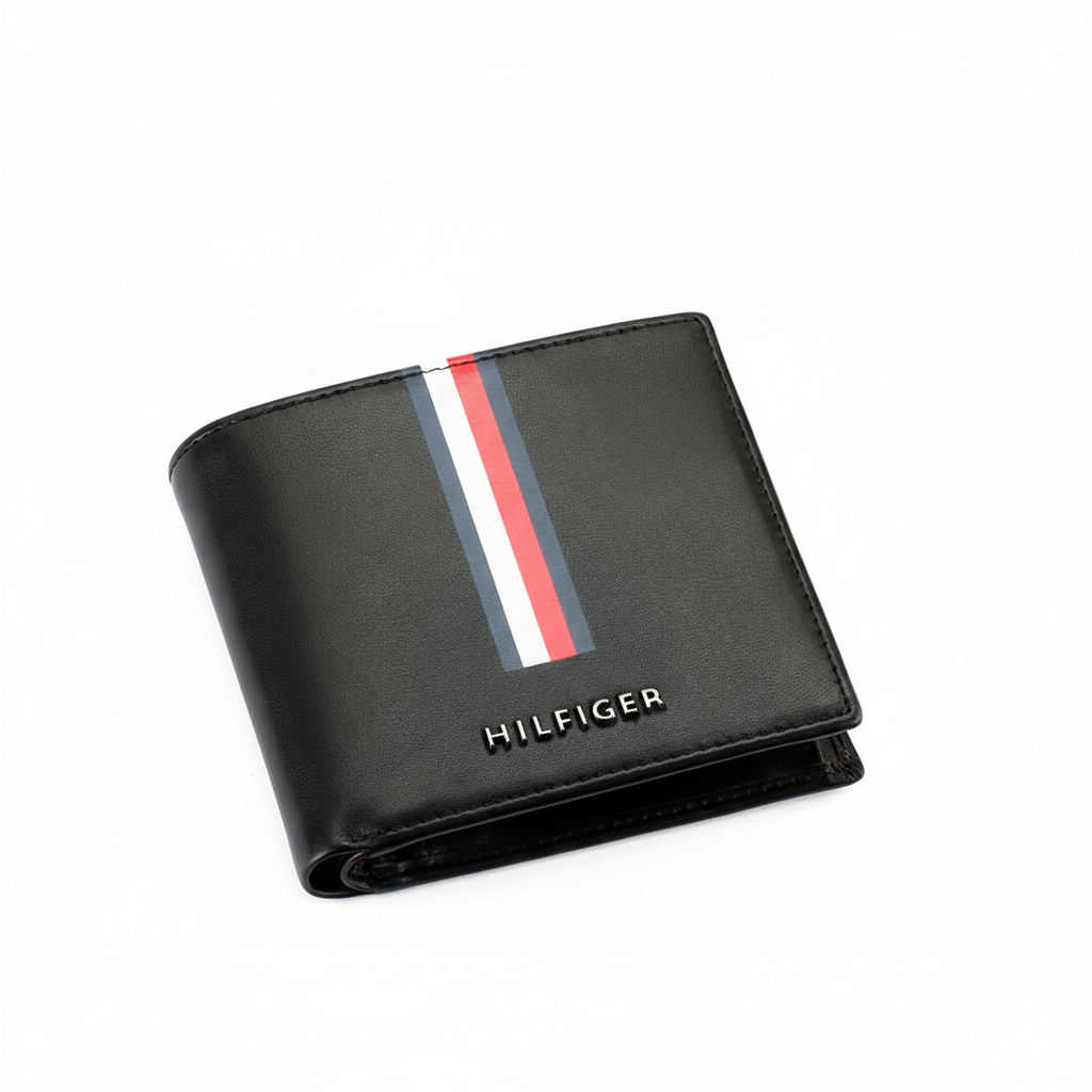 Close-up of Tommy Hilfiger black men's wallet highlighting the vertical signature stripe and raised silver-tone metal logo