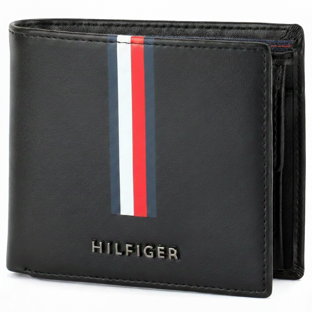 Close-up of Tommy Hilfiger black men's wallet highlighting the vertical signature stripe and raised silver-tone metal logo