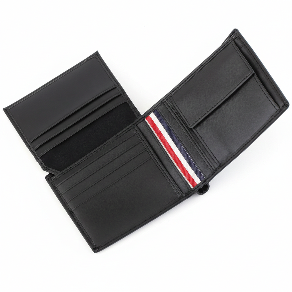 Handheld display of the open Tommy Hilfiger black Saffiano wallet featuring a removable matching card holder with a clear ID window