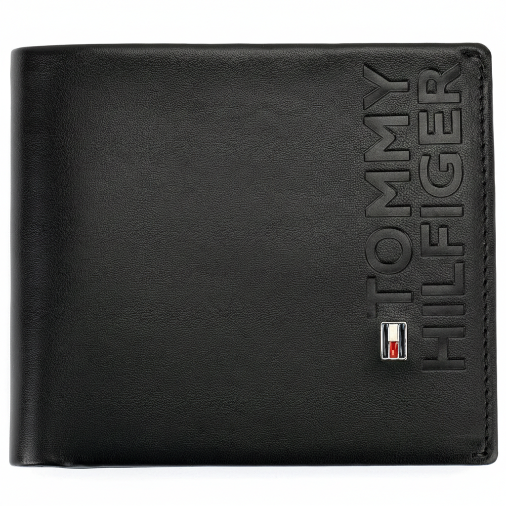 Front view of Tommy Hilfiger black leather wallet featuring vertical embossed brand name and flag logo on the side