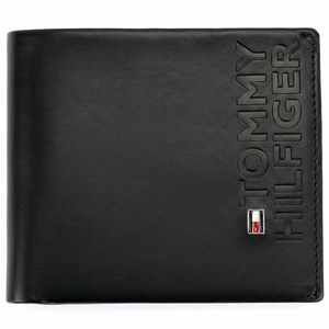 Front view of Tommy Hilfiger black leather wallet featuring vertical embossed brand name and flag logo on the side