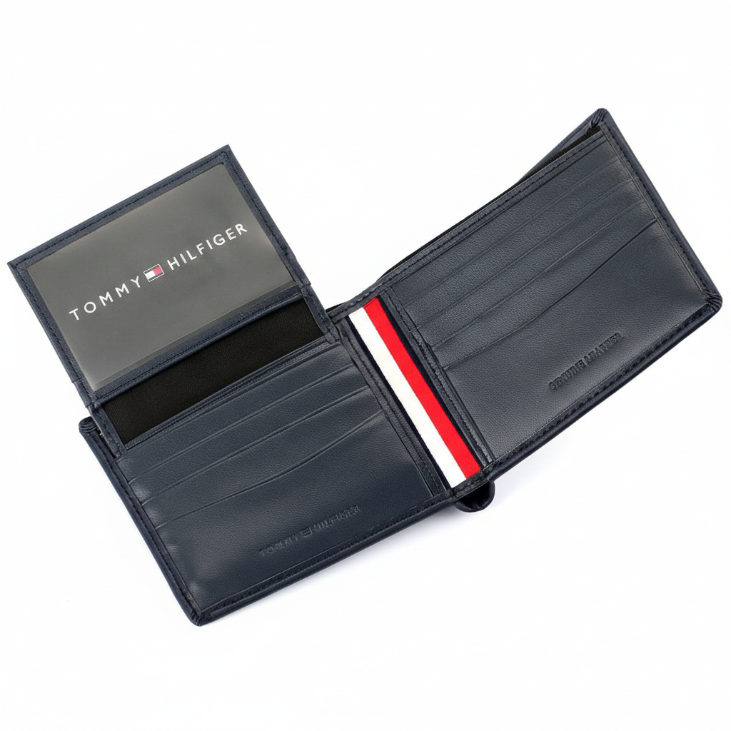 Hand holding a Tommy Hilfiger black leather wallet featuring a vertical tricolor signature stripe and a raised silver metal Hilfiger logo