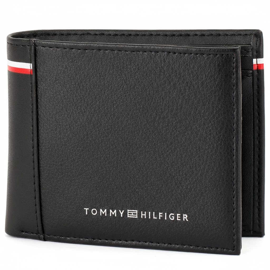 Front view of Tommy Hilfiger Black Pebbled Leather Wallet featuring smooth vertical strip and silver logo text