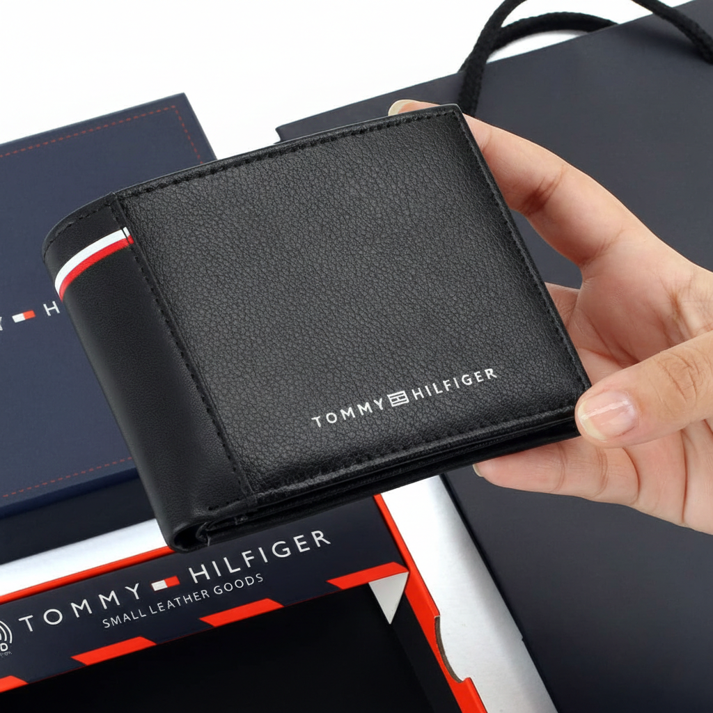 Hand holding a black Tommy Hilfiger wallet with branded packaging in the background.