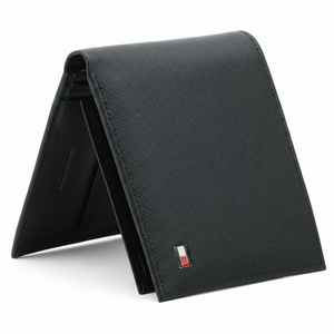 Front view of an authentic Tommy Hilfiger black Saffiano leather wallet highlighting the durable textured finish and silver-toned metal logo