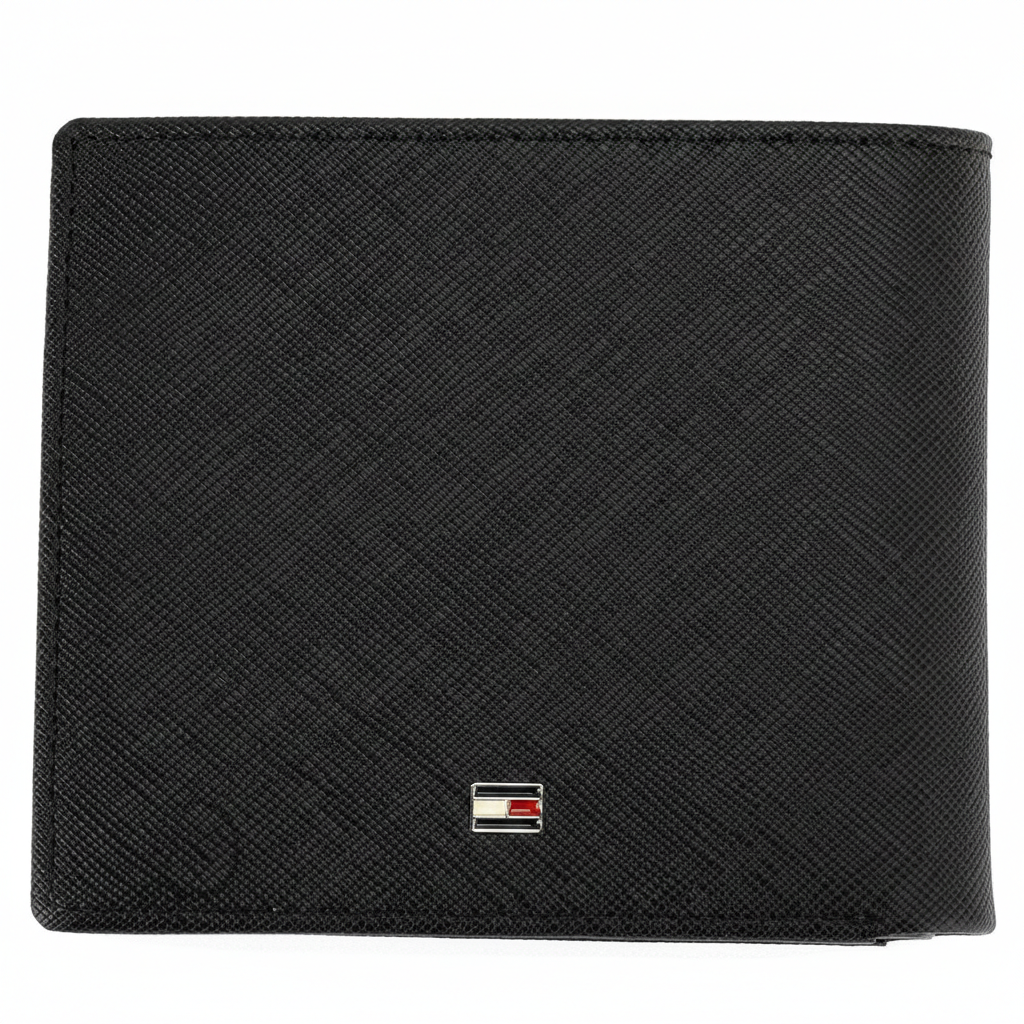 Rear perspective of the Tommy Hilfiger black Saffiano leather wallet featuring a small silver-toned enamel flag logo for a subtle designer touch