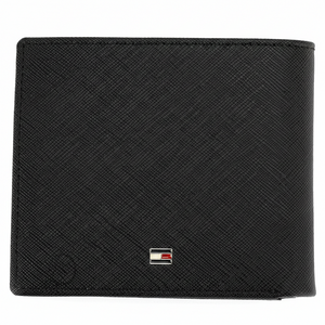 Rear perspective of the Tommy Hilfiger black Saffiano leather wallet featuring a small silver-toned enamel flag logo for a subtle designer touch