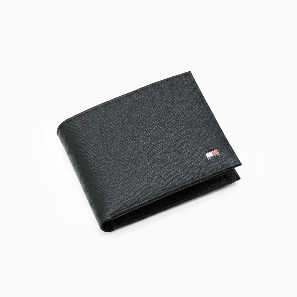 High-detail close-up of the durable Saffiano leather texture and the iconic small enamel flag logo on a Tommy Hilfiger black wallet
