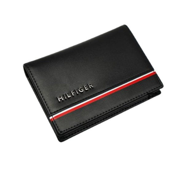Front view of Tommy Hilfiger BALAK Wallet featuring Metal HILFIGER logo and red white stripe