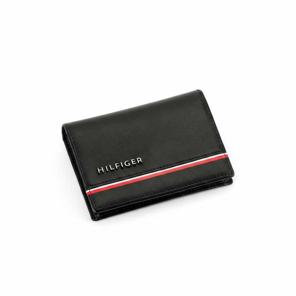 Front view of a Tommy Hilfiger men's black smooth leather wallet featuring a horizontal tricolor signature stripe and embossed Hilfiger branding