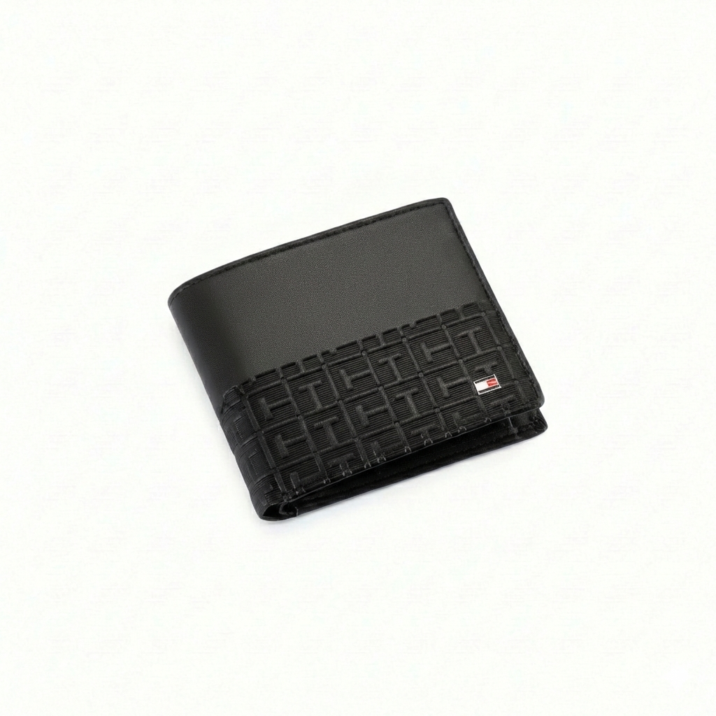 Angled view of Tommy Hilfiger black leather wallet featuring smooth top panel and geometric monogram embossed bottom with flag logo