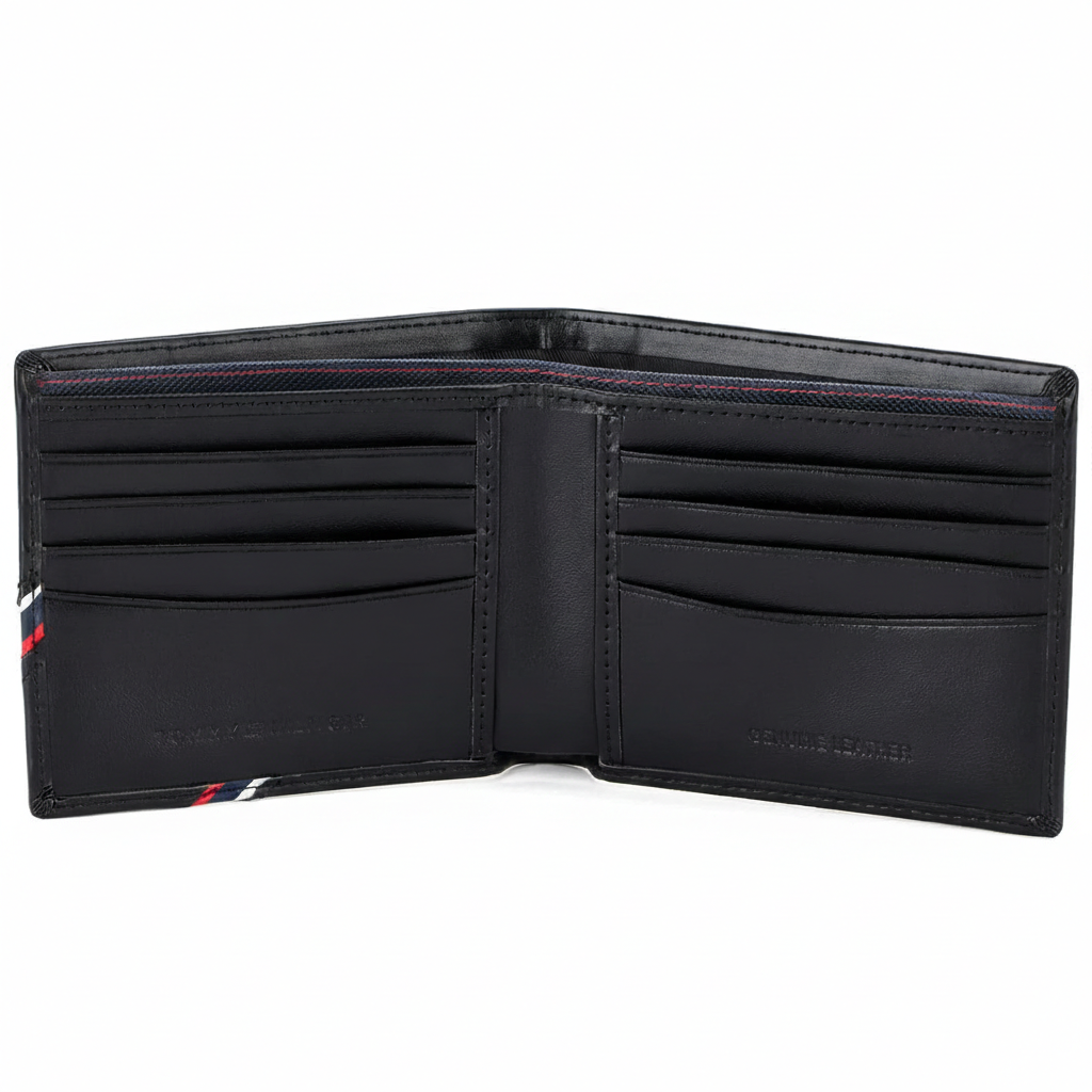 Detailed interior of an open Tommy Hilfiger black leather wallet showing multiple card slots and the "Genuine Leather" embossed stamp
