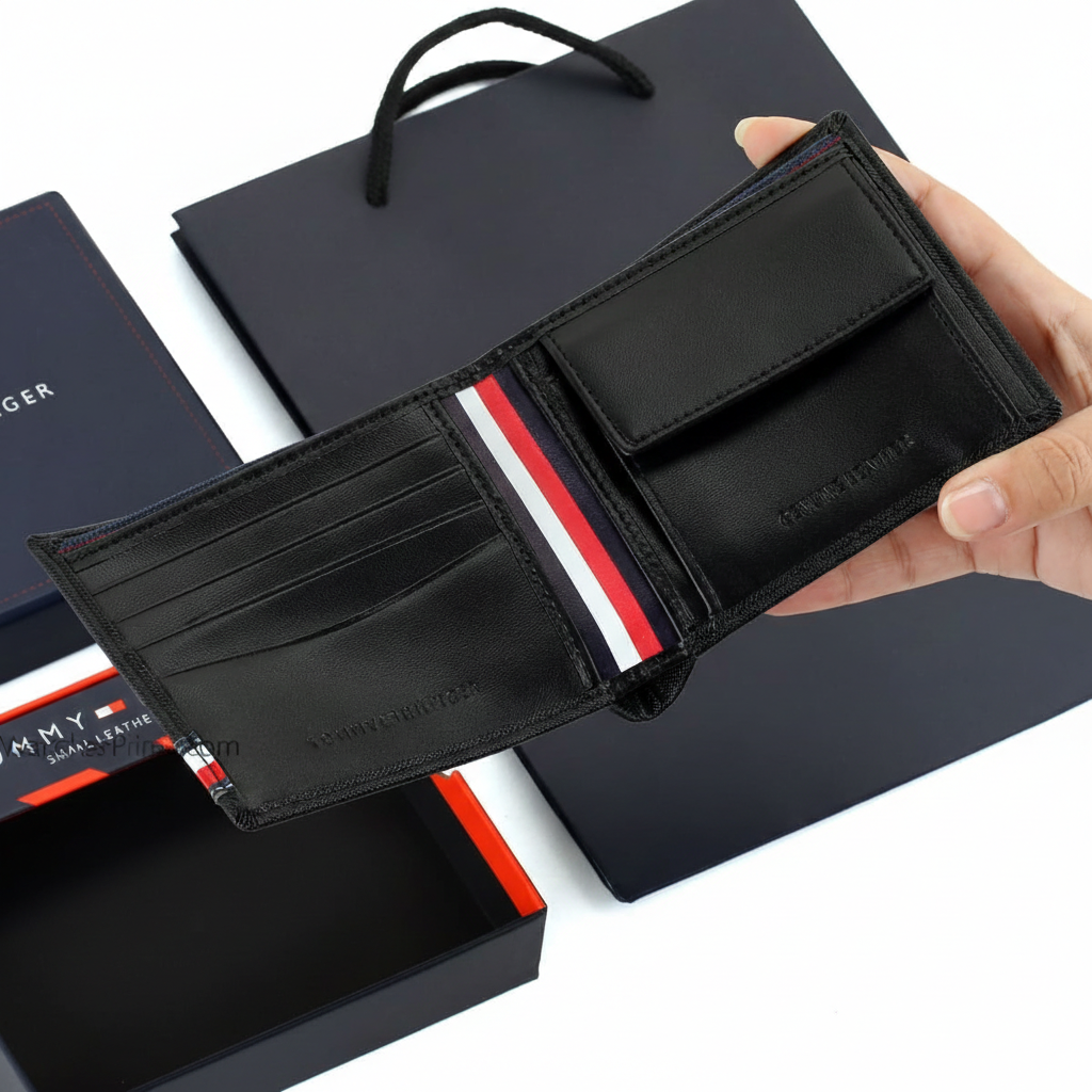 Interior view of the Tommy Hilfiger black leather wallet showing an organized layout with card slots, a secure buttoned coin pocket, and the "Genuine Leather" stamp