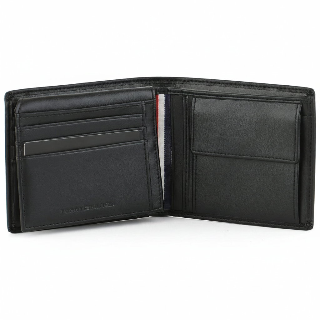 Interior view of the Tommy Hilfiger black leather wallet showing organized card slots, a secure buttoned coin pocket, and the "Genuine Leather" stamp