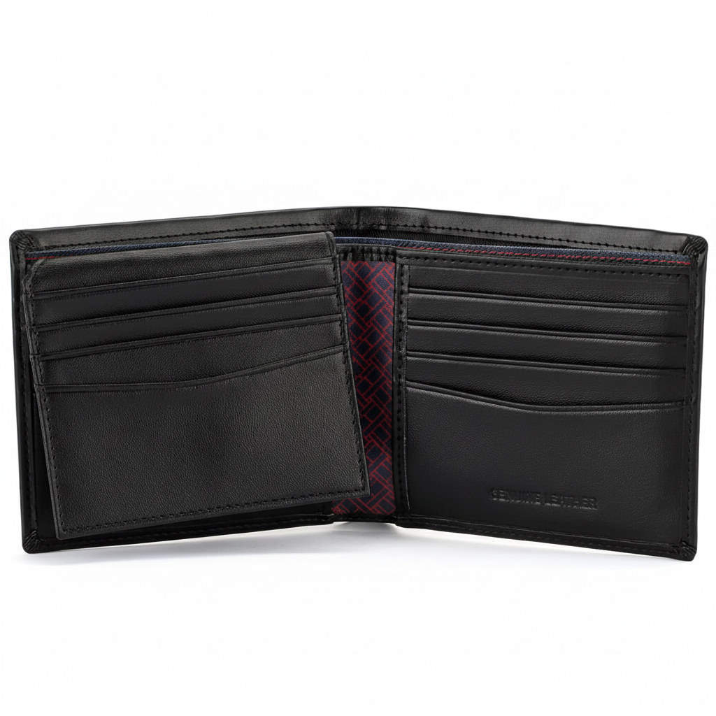 Interior view of Tommy Hilfiger black wallet featuring extra capacity flap, card slots, and geometric pattern lining