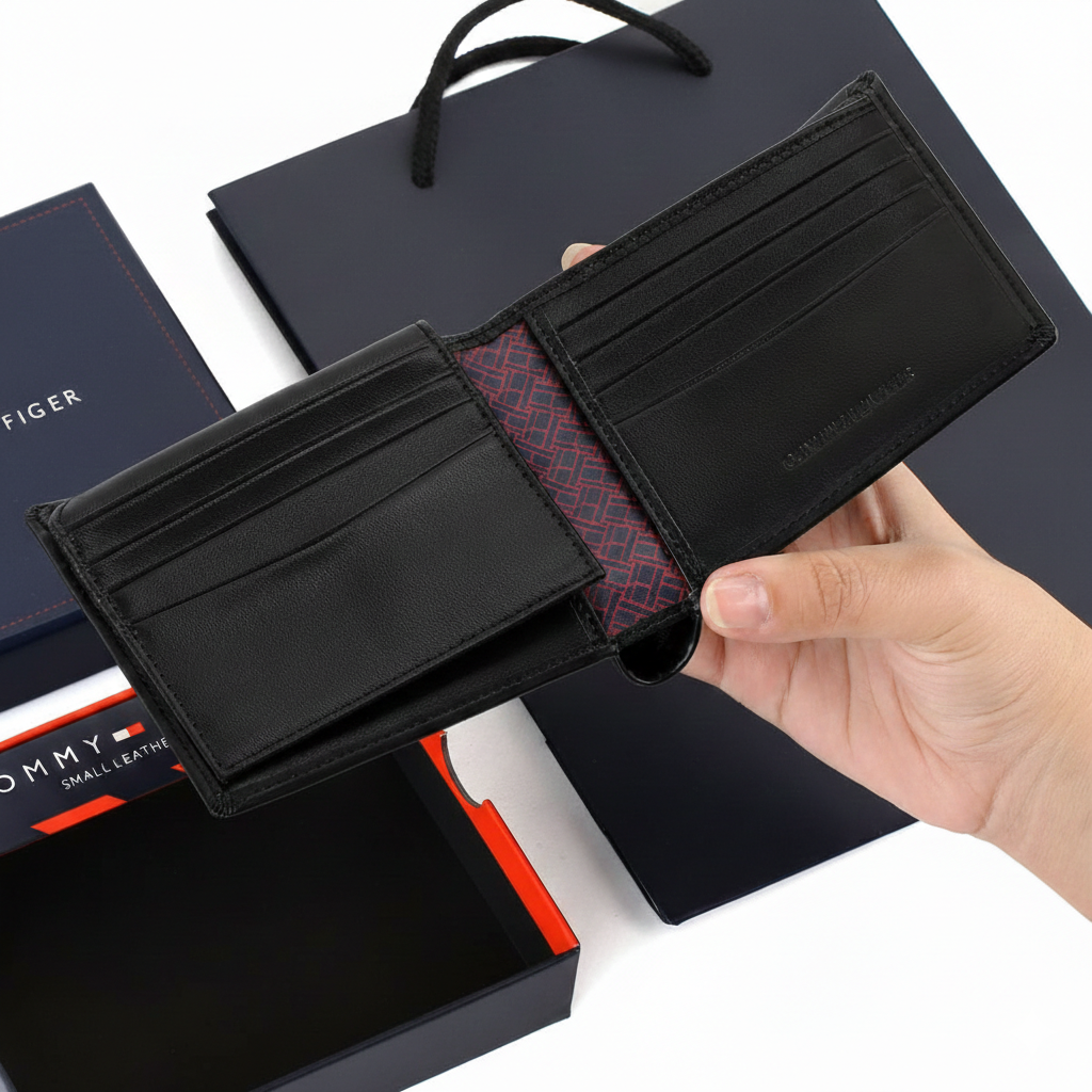 Hand holding Tommy Hilfiger black wallet showing geometric lining and internal organization with gift packaging in background