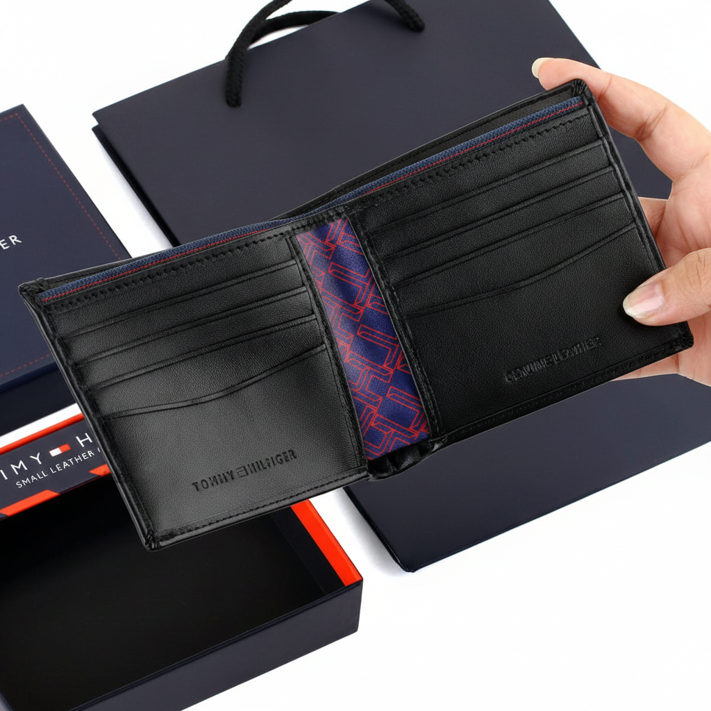 Handheld view of the open Tommy Hilfiger black leather wallet alongside its branded gift box, showcasing the internal layout and branding