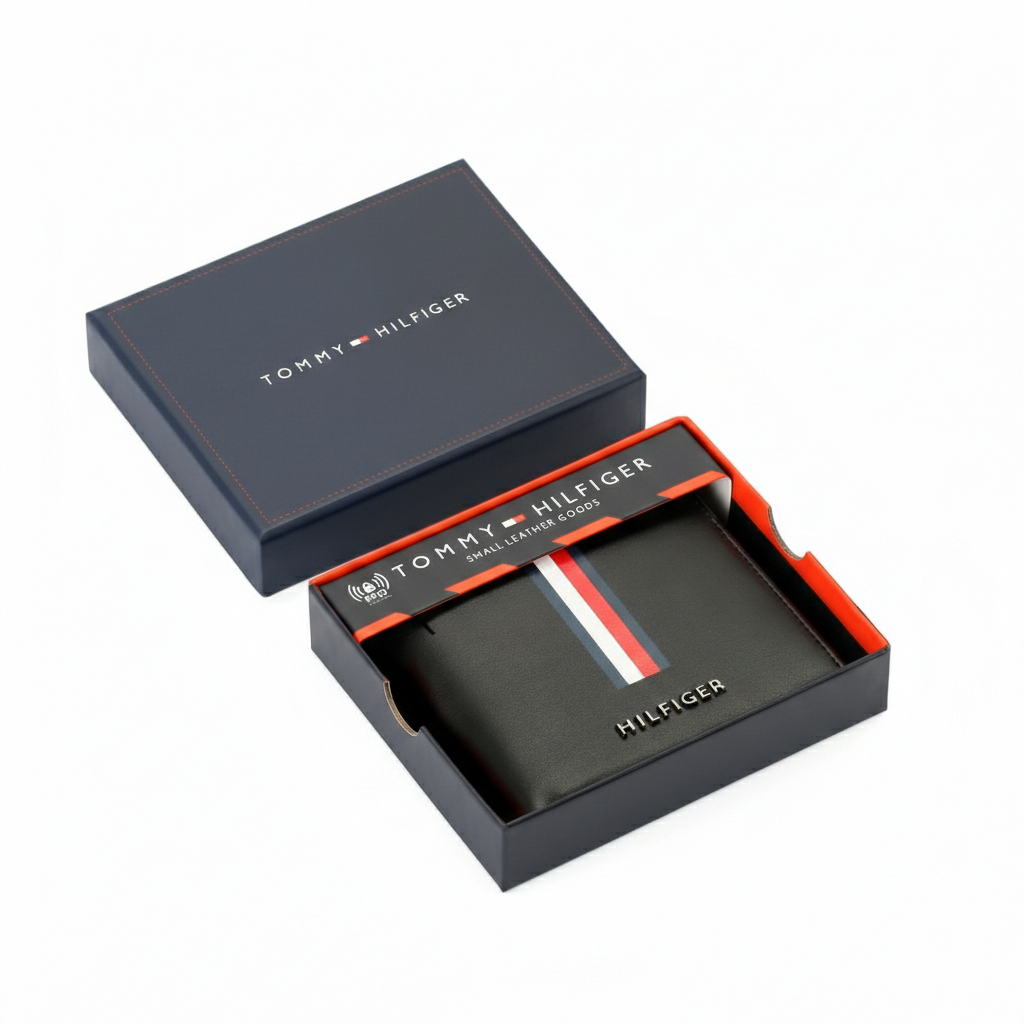 Tommy Hilfiger black leather wallet with vertical tricolor signature stripe and metal Hilfiger logo inside official gift box