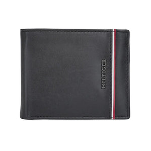 Front view of Tommy Hilfiger Black Wallet with Vertical Stripe and Metal HILFIGER Logo