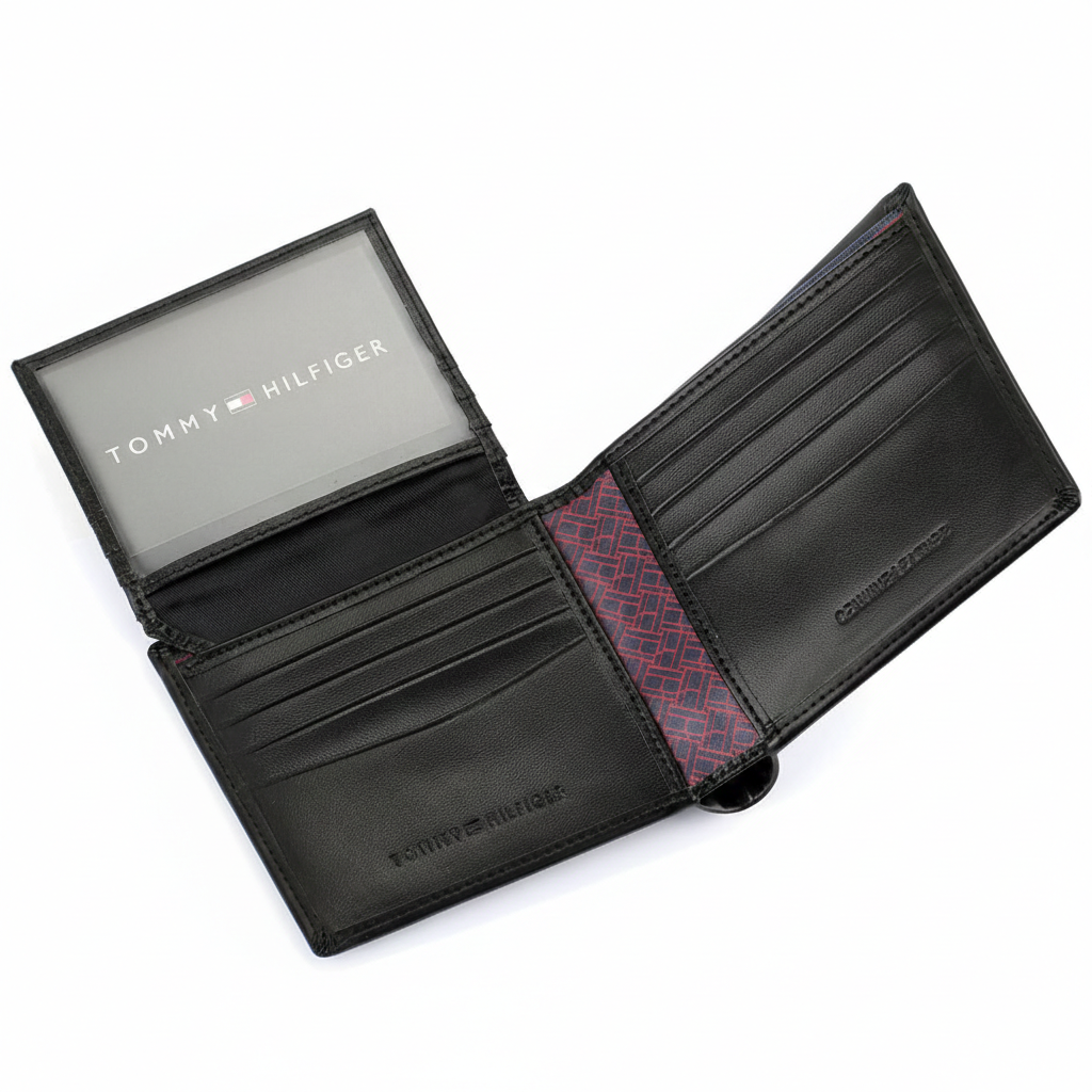 Black leather wallet with red interior lining, featuring Tommy Hilfiger branding.