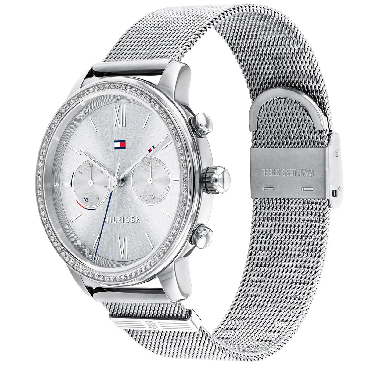 Angled shot highlighting the silver stainless steel mesh bracelet of Tommy Hilfiger 1782301