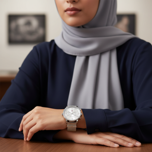 Woman wearing elegant Tommy Hilfiger Blake 1782301 watch with silver mesh bracelet