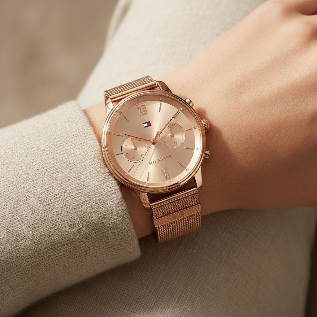 Close up of gold sunray dial and crystal-set bezel of Tommy Hilfiger 1782303