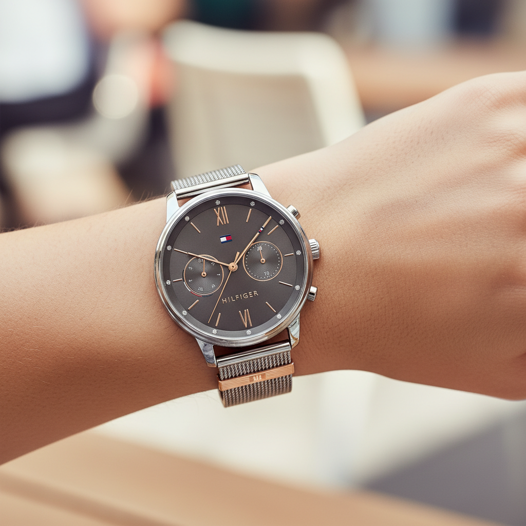 Close up of grey sunray dial with rose gold accents and crystal-set bezel of Tommy Hilfiger 1782304