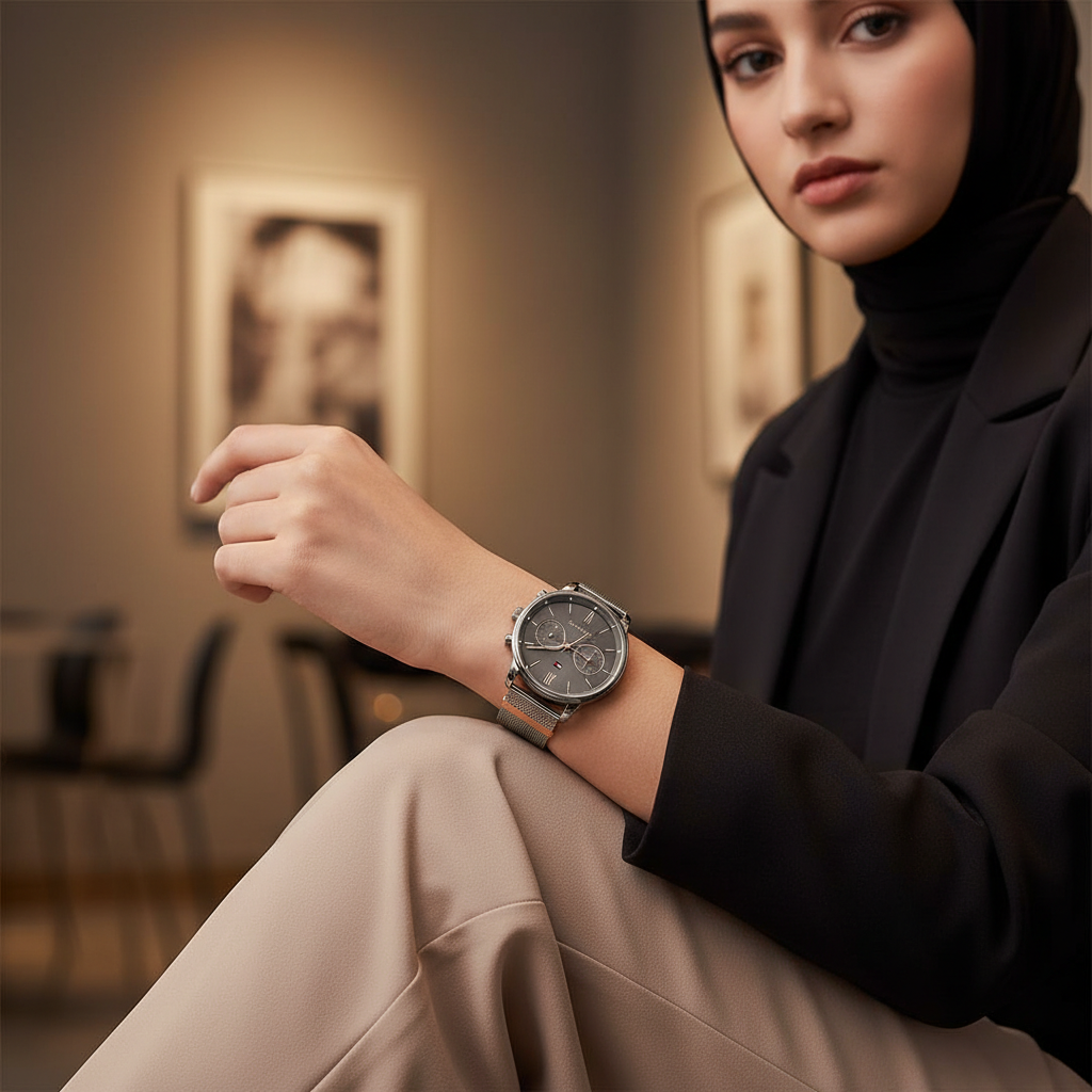 Woman wearing elegant Tommy Hilfiger Blake 1782304 grey watch with mesh bracelet