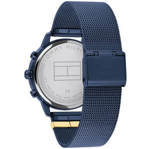 Angled shot highlighting the navy stainless steel mesh bracelet of Tommy Hilfiger 1782305