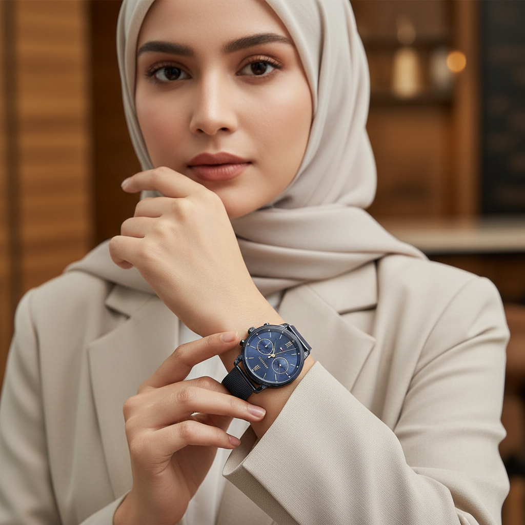 Woman wearing elegant Tommy Hilfiger Blake 1782305 navy watch with mesh bracelet