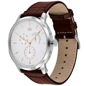 Angled shot highlighting the brown croc-embossed leather strap of Tommy Hilfiger 1710389