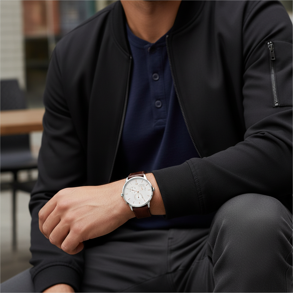 Man wearing elegant Tommy Hilfiger Brad 1710389 watch with brown leather strap