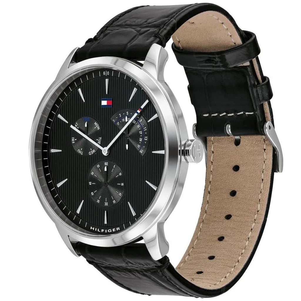Angled shot highlighting the black croc-embossed leather strap of Tommy Hilfiger 1710391