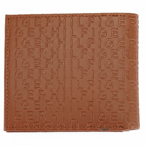 Rear view of the Tommy Hilfiger brown genuine leather wallet highlighting the continuous embossed logo pattern and high-quality durable finish