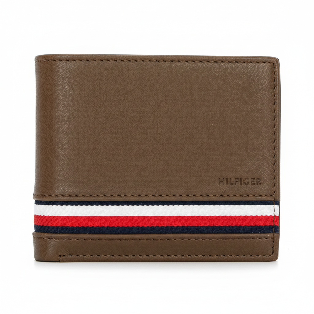 Rear view of the Tommy Hilfiger brown genuine leather wallet highlighting the smooth uniform texture and durable finish