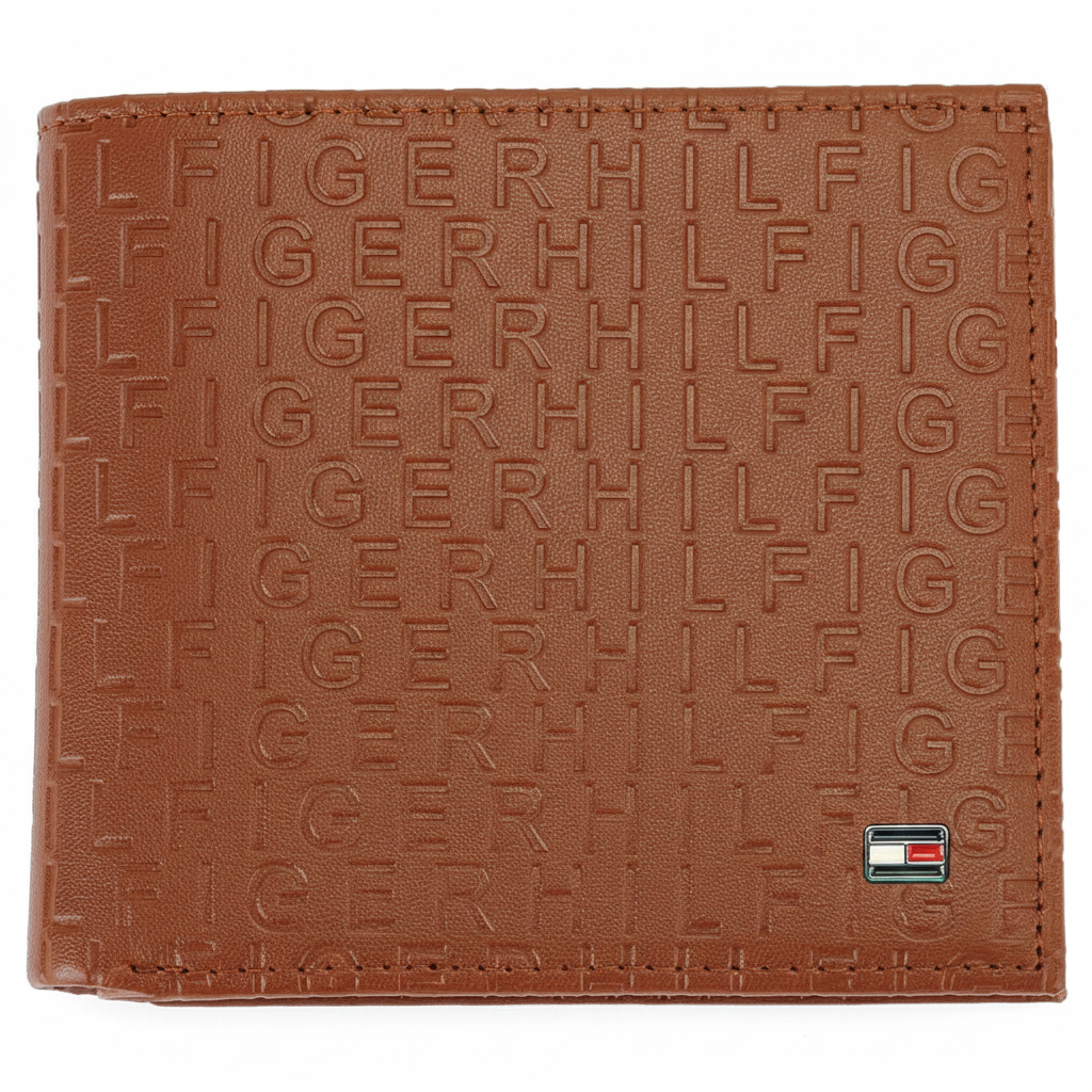 Front view of a Tommy Hilfiger brown leather wallet highlighting the sophisticated all-over embossed branding and a small silver-toned metal flag logo