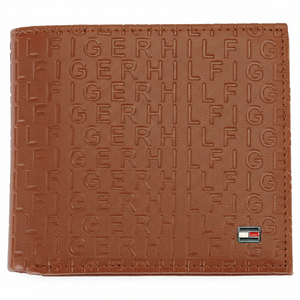 Front view of a Tommy Hilfiger brown leather wallet highlighting the sophisticated all-over embossed branding and a small silver-toned metal flag logo