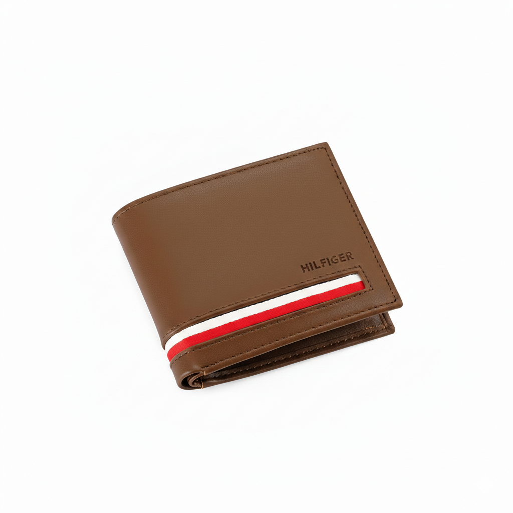 Front view of a Tommy Hilfiger brown leather wallet highlighting the elegant embossed branding stripe and silver-toned metal flag logo