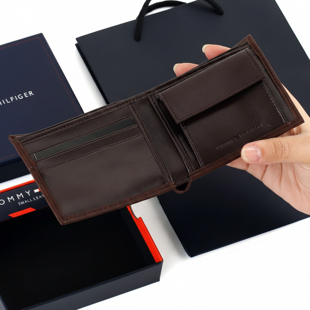 An open display of the Tommy Hilfiger men's brown leather wallet alongside its branded gift box and shopping bag, showcasing a complete luxury presentation
