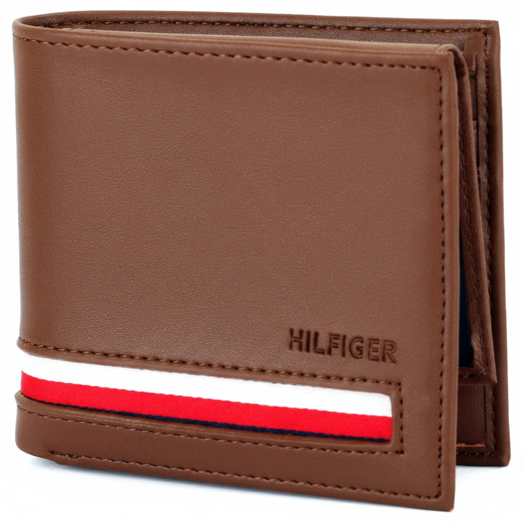 High-detail close-up of the raised silver metal flag logo and embossed branding on a Tommy Hilfiger brown genuine leather wallet