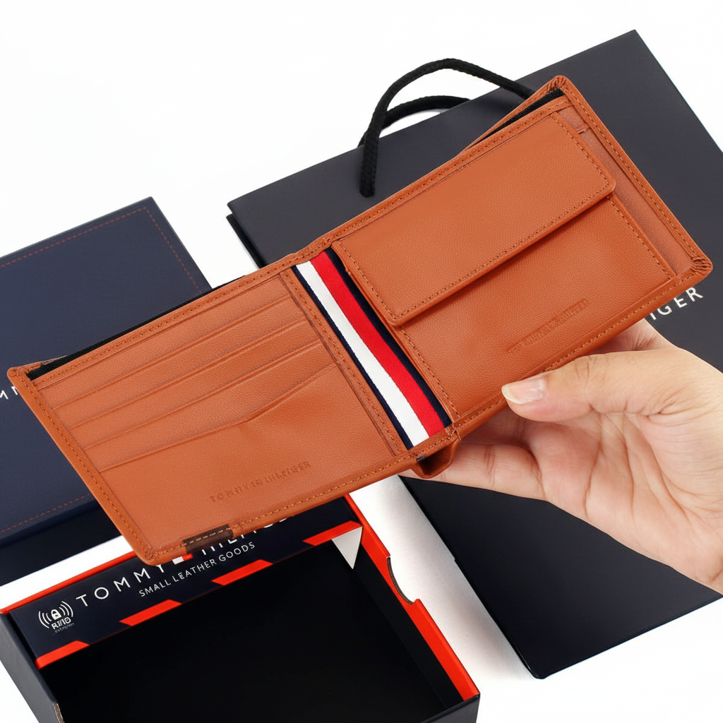 Interior view of the Tommy Hilfiger camel leather wallet featuring an organized layout with card slots, a secure buttoned coin pocket, and the signature flag ribbon