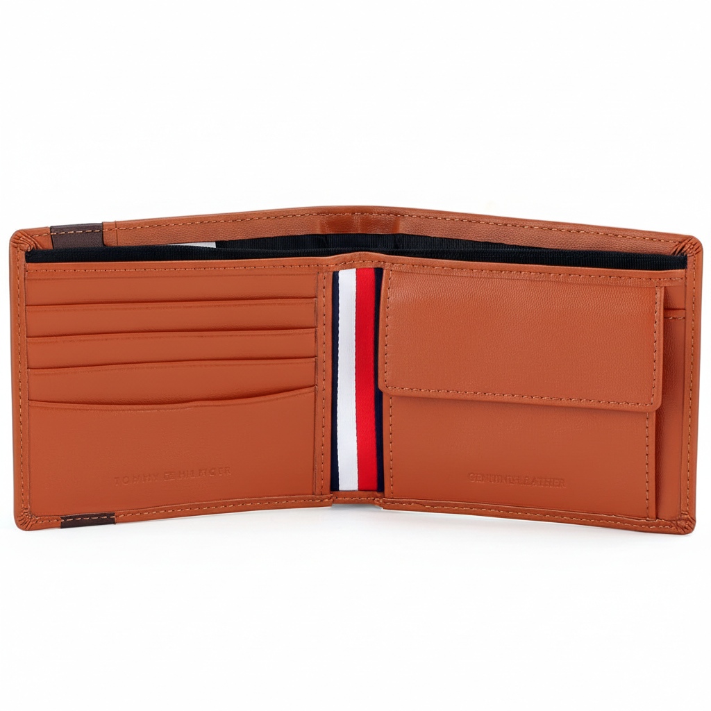 Interior view of the Tommy Hilfiger camel leather wallet featuring an organized layout with card slots, a secure buttoned coin pocket, and the signature flag ribbon