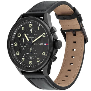 Angled shot highlighting the premium black leather strap of Tommy Hilfiger 1792004