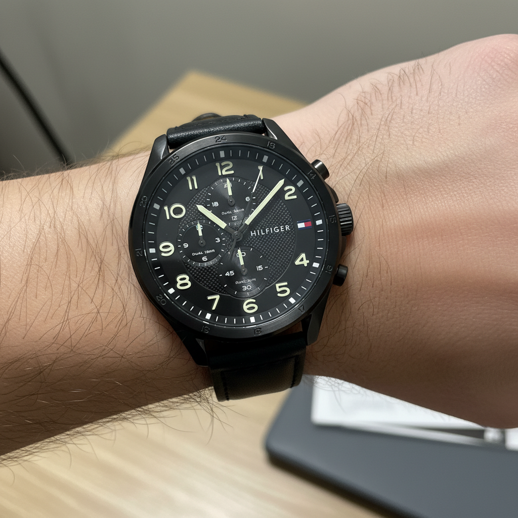 Close up of black sunray dial with triple time sub-dials of Tommy Hilfiger 1792004