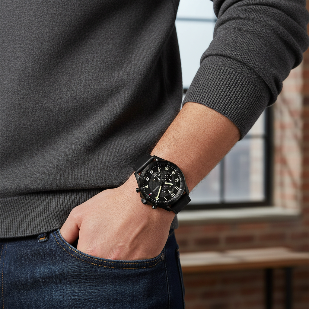 Man wearing bold all-black Tommy Hilfiger Carlyle 1792004 watch with leather strap