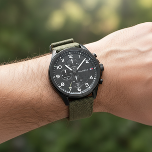 Close up of black dial with luminous Arabic numerals and sub-dials of Tommy Hilfiger 1792006