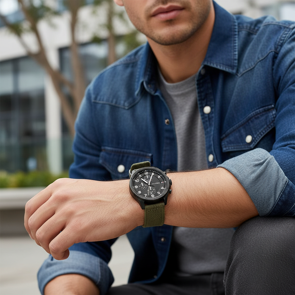 Man wearing rugged Tommy Hilfiger Carlyle 1792006 watch with olive green strap