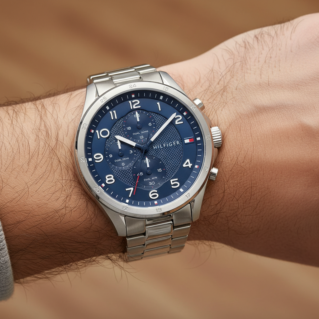 Close up of navy sunray dial with triple time sub-dials of Tommy Hilfiger 1792007