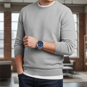 Man wearing prestigious silver Tommy Hilfiger Carlyle 1792007 watch with steel bracelet